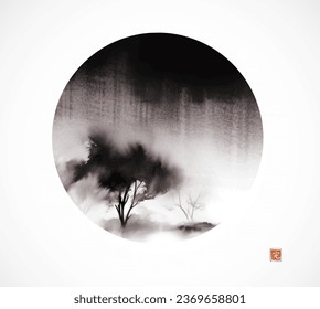 Ink painting of dark clouds, rain and tree with wide crown in circle. Traditional oriental ink painting sumi-e, u-sin, go-hua on white background. Translation of hieroglyph - perfection.