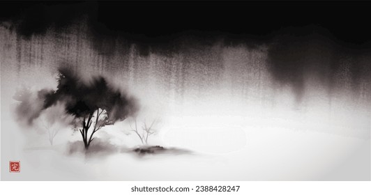 Ink painting of dark clouds, rain and tree with wide crown in a field. Traditional oriental ink painting sumi-e, u-sin, go-hua. Translation of hieroglyph - perfection.