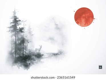 Ink painting of deer in a misty forest and big red sun in the sky. Traditional Japanese ink wash painting sumi-e on white glowing background. Translation of hieroglyph - eternity.