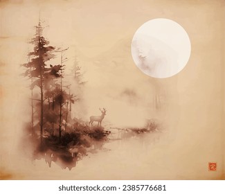 Ink painting of a deer in a misty forest. Traditional Japanese ink wash painting sumi-e on on vintage background. Translation of hieroglyph - eternity