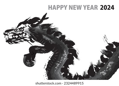 ink painting DRAGON 2024 new year card black and white, horizonal, vector