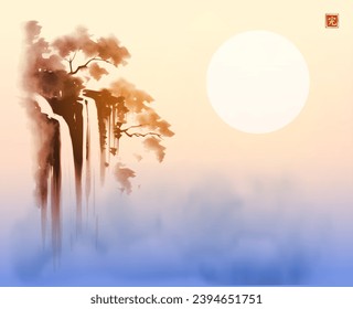 Ink painting of dreamy landscape with forest waterfall. Traditional oriental ink painting sumi-e, u-sin, go-hua. Traditional oriental ink painting sumi-e, u-sin, go-hua. Hieroglyph - perfection.