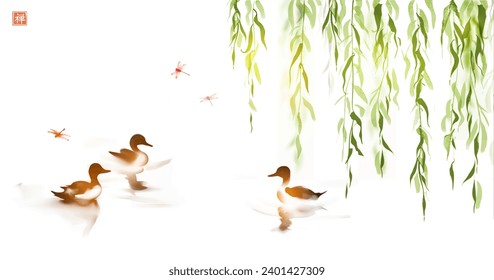 Ink painting with ducks gliding on water beneath green willow branches and hovering dragoflies. Traditional Japanese ink wash painting sumi-e. Translation of hieroglyph - zen.