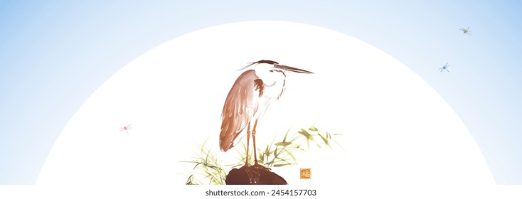 Ink painting of an elegant heron and dragonflies in flight on sunrise sky background. Traditional oriental ink painting sumi-e, u-sin, go-hua. Hieroglyph - good luck.