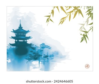 Ink painting featuring blue pagoda alongside green bamboo branches. Traditional oriental ink painting sumi-e, u-sin, go-hua. Translation of hieroglyph - well-being.