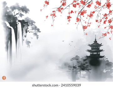 Ink painting featuring pagoda temple, waterfall in the mist and blooming cherry blossom branches. Traditional oriental ink painting sumi-e, u-sin, go-hua. Hieroglyph - clarity