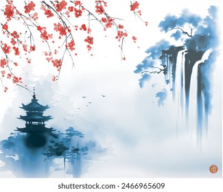 Ink painting featuring pagoda temple, waterfall in the mist and blooming cherry blossom branches. Traditional oriental ink painting sumi-e, u-sin, go-hua. Hieroglyph - clarity