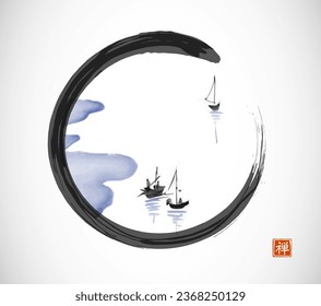 Ink painting of fishing boats in minimalist style in black enso zen circle. Traditional oriental ink painting sumi-e, u-sin, go-hua. Translation of hieroglyph - zen.