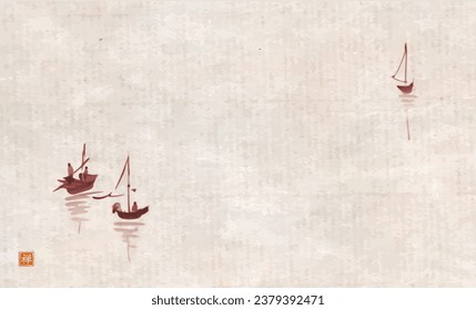 Ink painting of fishing boats in minimalist style. Traditional oriental ink painting sumi-e, u-sin, go-hua on vintage background. Translation of hieroglyph - zen.