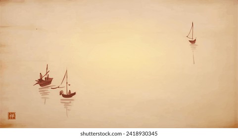 Ink painting of fishing boats in minimalist style. Traditional oriental ink painting sumi-e, u-sin, go-hua on vintage background. Translation of hieroglyph - zen.