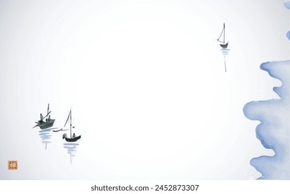 Ink painting of fishing boats in minimalist style. Traditional oriental ink painting sumi-e, u-sin, go-hua. Translation of hieroglyph - zen.