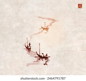 Ink painting of fishing boats in minimalist style on vintage background. Traditional oriental ink painting sumi-e, u-sin, go-hua. Translation of hieroglyph - perfection.