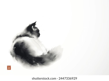 Ink painting of fluffy cat. Traditional Japanese ink wash painting sumi-e. Hieroglyph - joy.