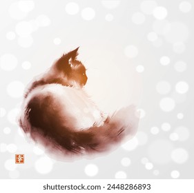 Ink painting of fluffy cat. Traditional Japanese ink wash painting sumi-e on white shimmering background. Hieroglyph - happiness