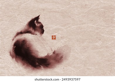 Ink painting of fluffy cat. Traditional Japanese ink wash painting sumi-e on vintage background. Hieroglyph - happiness