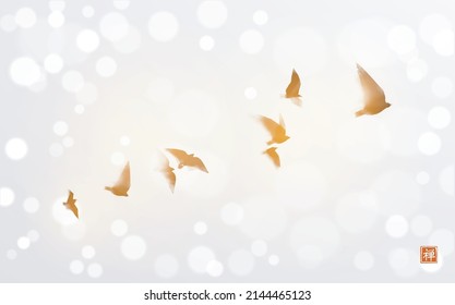 Ink painting of flying birds in sunshine on white glowing background. Traditional oriental ink painting sumi-e, u-sin, go-hua. Can be used for book cover, greeting card etc. Hieroglyph - zen