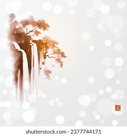 Ink painting of forest waterfall. Traditional oriental ink painting sumi-e, u-sin, go-hua on white glowing background. Translation of hieroglyph - perfection.