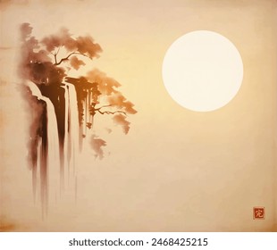 Ink painting of forest waterfall. Traditional oriental ink painting sumi-e, u-sin, go-hua on vintage background. Translation of hieroglyph - perfection.