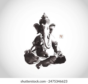 Ink painting of Ganesha sitting cross-legged. Traditional Japanese ink wash painting sumi-e. Hieroglyph - wisdom.