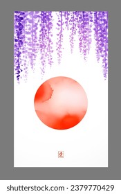 Ink painting with a gentle red sun beneath cascading wisteria flowers. Traditional oriental ink painting sumi-e, u-sin, go-hua. Hieroglyph - love.