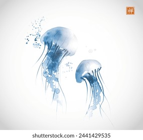 Ink painting of gracefully floating blue jellyfishes. Traditional oriental ink painting sumi-e, u-sin, go-hua. Translation of hieroglyph - zen