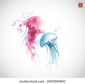 Ink painting of gracefully floating blue and pink jellyfishes. Traditional oriental ink painting sumi-e, u-sin, go-hua. Translation of hieroglyph - zen.