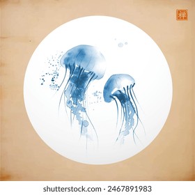 Ink painting of gracefully floating blue jellyfishes in white circle on vintage background. Traditional oriental ink painting sumi-e, u-sin, go-hua. Translation of hieroglyph - zen.