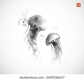 Ink painting of gracefully floating jellyfishes. Traditional oriental ink painting sumi-e, u-sin, go-hua. Translation of hieroglyph - zen.