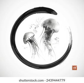 Ink painting of gracefully floating jellyfishes in black enso zen circle. Traditional oriental ink painting sumi-e, u-sin, go-hua. Translation of hieroglyph - zen.