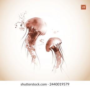 Ink painting of gracefully floating jellyfishes in vintage style. Traditional oriental ink painting sumi-e, u-sin, go-hua. Translation of hieroglyph - zen.