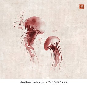 Ink painting of gracefully floating jellyfishes on vintage background. Traditional oriental ink painting sumi-e, u-sin, go-hua. Translation of hieroglyph - zen.