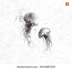 Ink painting of gracefully floating jellyfishes on rice paper background. Traditional oriental ink painting sumi-e, u-sin, go-hua. Translation of hieroglyph - zen.
