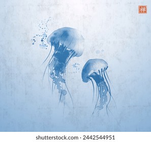 Ink painting of gracefully floating jellyfishes in blue water. Traditional oriental ink painting sumi-e, u-sin, go-hua. Translation of hieroglyph - zen.