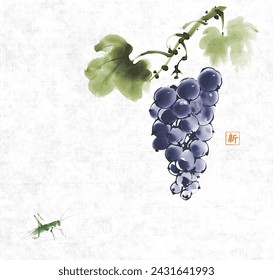 Ink painting of grapes in blue tones hanging from a vine with leaves and small grasshopper on rice paper background. Traditional oriental ink painting sumi-e, u-sin, go-hua. Hieroglyph - fresh.