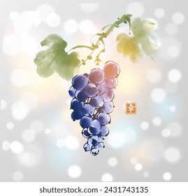 Ink painting of grapes in blue tones hanging from a vine with leaves and small grasshopper on rice paper background. Traditional oriental ink painting sumi-e, u-sin, go-hua. Hieroglyph - happiness.