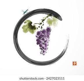 Ink painting of grapes in purple tones hanging from a vine with leaves and little grasshopper in black enso zen circle. Traditional Japanese ink wash painting sumi-e. Hieroglyph - happiness.