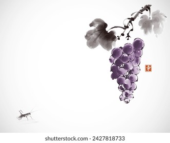 Ink painting of grapes in purple tones hanging from a vine with leaves and small grasshopper. Traditional oriental ink painting sumi-e, u-sin, go-hua. Hieroglyph - happiness