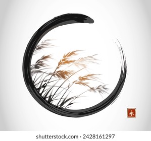 Ink painting of  grass on the wind in black enso zen circle. Traditional oriental ink painting sumi-e, u-sin, go-hua. Translation of hieroglyph - eternity.