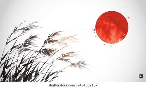 Pintura de tinta de hierba en el viento y el gran sol rojo. Tinta oriental tradicional pintura sumi-e, u-sin, go-hua. Traducción de jeroglífico - eternidad.