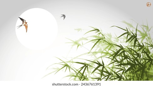 Ink painting of green bamboo and swallows in the sky. Traditional oriental ink painting sumi-e, u-sin, go-hua. Translation of hieroglyph - harmony.