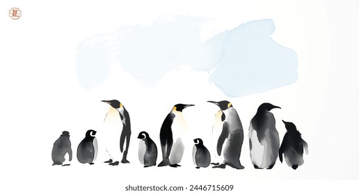 Ink painting with  group of penguins. Traditional Japanese ink wash painting sumi-e. Translation of hieroglyph - life energy.