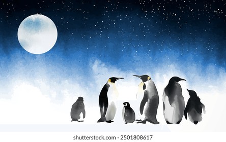 Tintenmalerei mit Pinguingruppe unter Vollmond und Sternenhimmel. Traditionelles japanisches Tintenwaschgemälde sumi-e