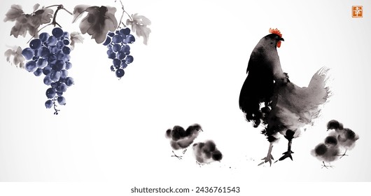 Ink painting of hanging grapes above a hen with chicks. Traditional oriental ink painting sumi-e, u-sin, go-hua. Hieroglyph - happiness