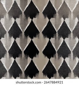 Ink painting of an Ikat pattern in grey and black, with diamonds. grunge lines ikat pattern, ikat seamless pattern, Vector illustration background for print the paper.