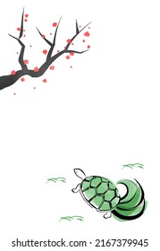 Ink painting illustration with plum and a turtle. Postcard-sized vertical type. Vector illustration.