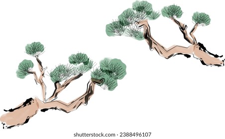 Ink painting and Japanese traditional ukiyo-e style pine tree illustration material set