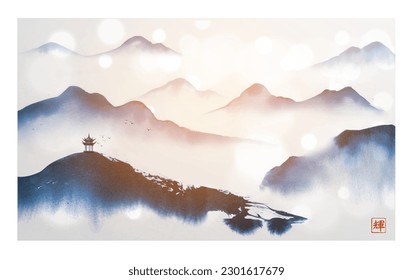 Ink painting with landscape in chinese style with pagoda temple and blue misty mountains on white glowing background. Traditional Japanese ink wash painting sumi-e. Translation of hieroglyph - shine.