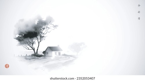 Ink painting of landscape with a small house under a large tree.Oriental ink painting sumi-e, u-sin, go-hua. Hieroglyphs - peace, tranquility, clarity, well-being. Minimalist style, simple and clean