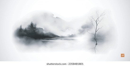 Ink painting of landscape with trees on misty island. Traditional oriental ink painting sumi-e, u-sin, go-hua. Translation of hieroglyph - zen.