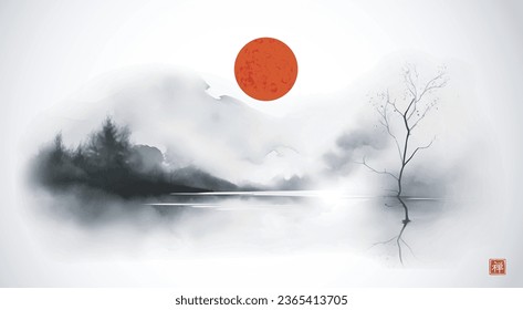 Pintura de tinta de paisaje con árboles en una isla helada y un gran sol rojo sobre fondo blanco. Tinta oriental tradicional sumi-e, u-sin, go-hua. Traducción de jeroglífico - zen.